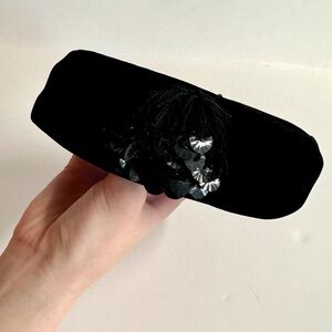 Vtg.Pill Hat 50s Barnee’- black velvet hat with fringe and sequins adornment.